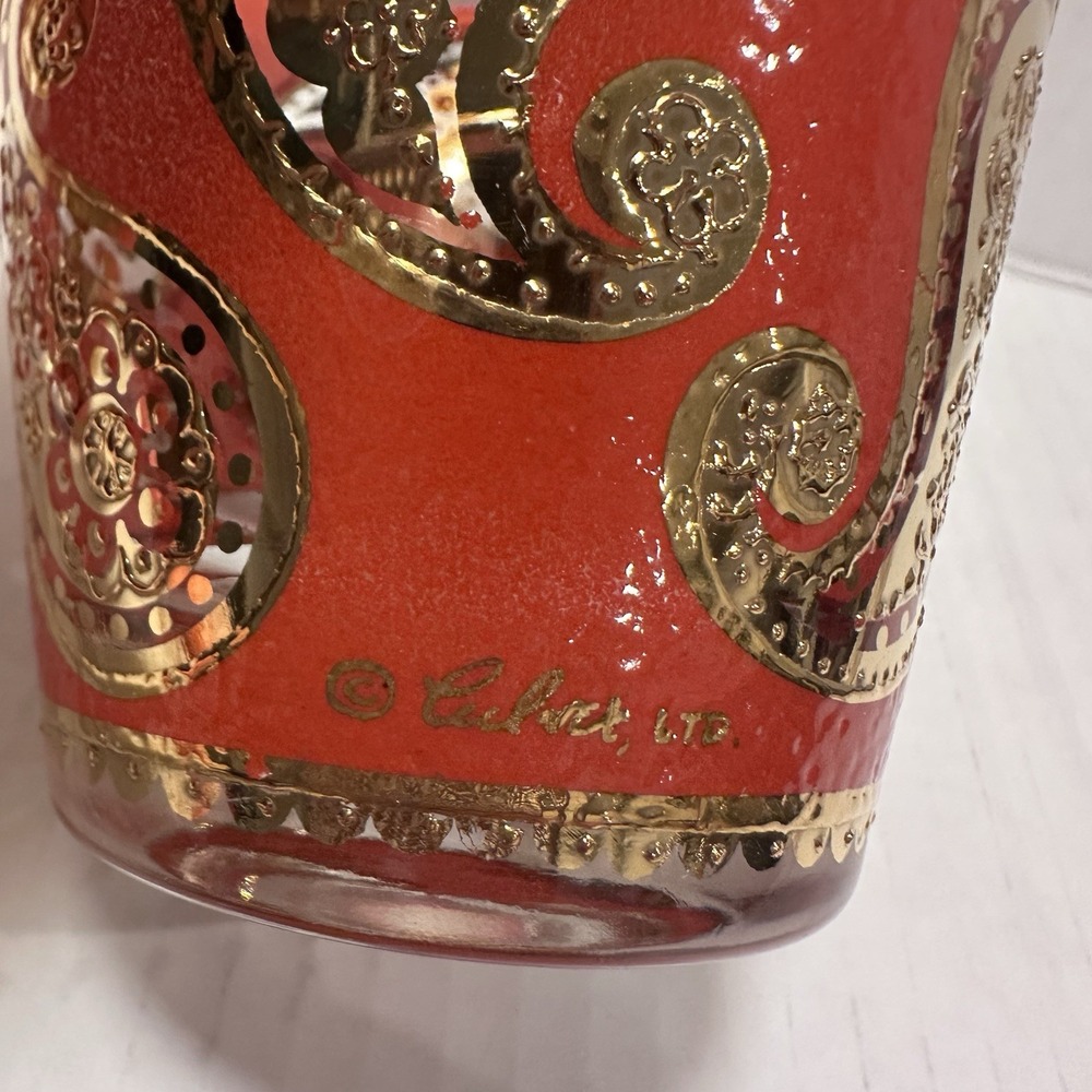 Vintage Culver LTD Old Fashioned Glasses Paisley Red 22K‎ Gold MCM Barware Set 2 - Picture 2 of 8
